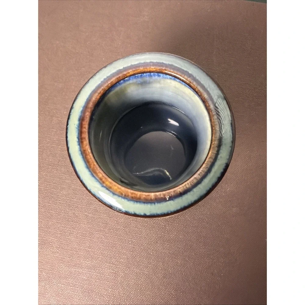 Bill Campbell Art Pottery Votive Candle Holder Blue Brown Drip Glaze Signed